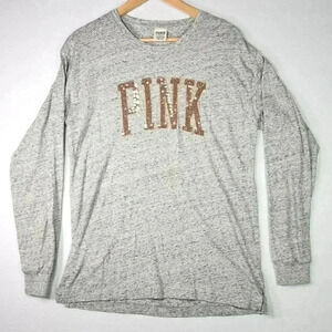 PINK Victoria's Secret Women's Bling T-shirt Small Rose Gold Sequin Logo LS Gray